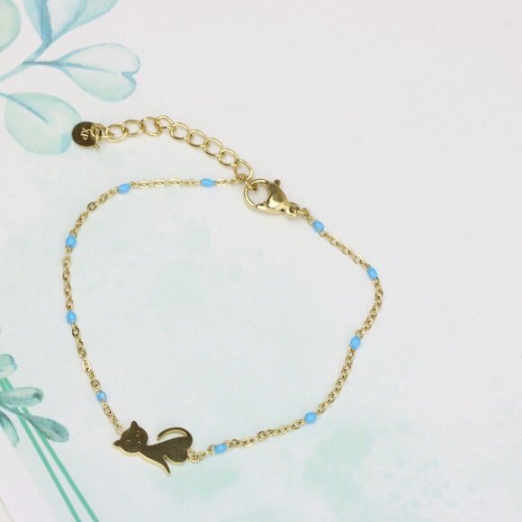 Chic Yellow Gold Cat Bracelet with Blue Beads, XPBL0622 - Picture 4 of 12